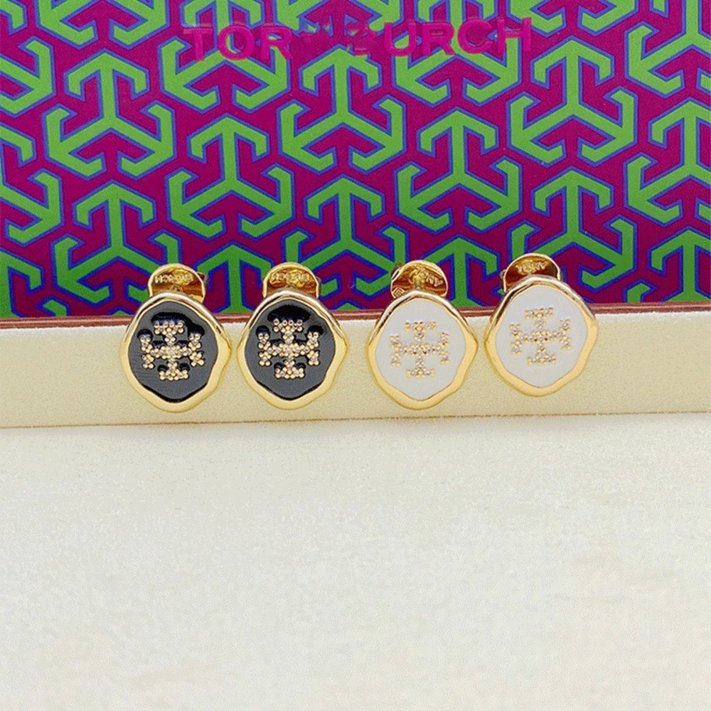 Tory Burch Zircon Oval Enamel Stud Earrings Irregular Metal